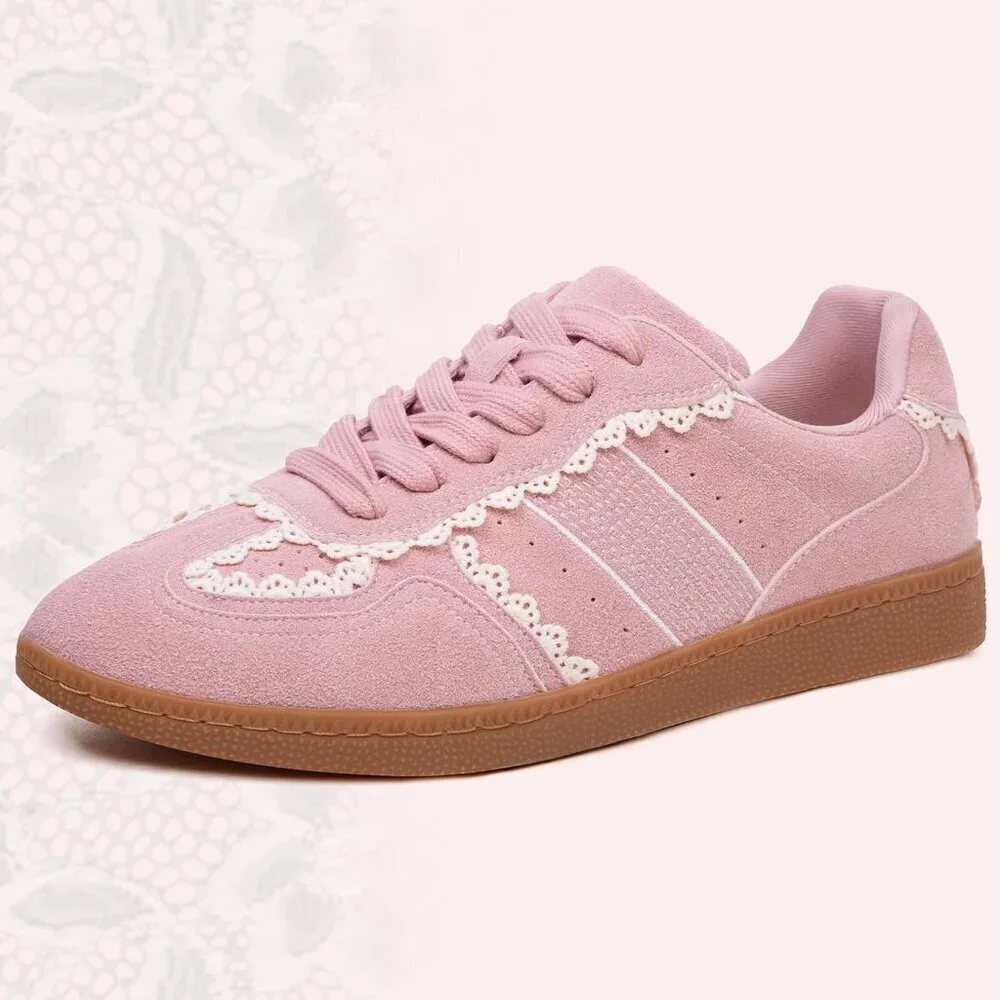 Casual Pink Sneakers Women with Lace Detail Ribbon Leather Upper Memory Foam